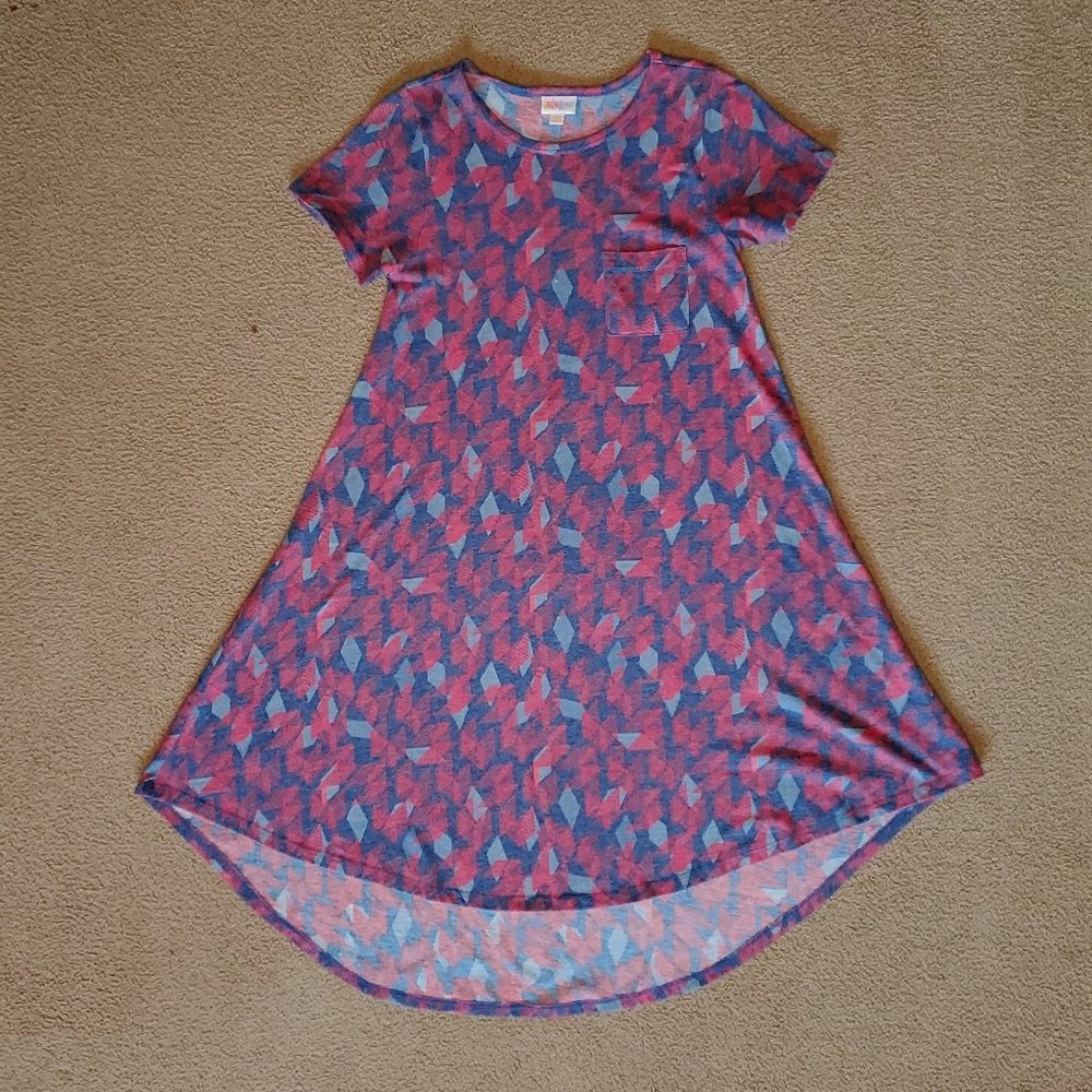 LuLaRoe Multicolor T-Shirt Dress, XXSmall, Blue and Pink Pattern, High Low